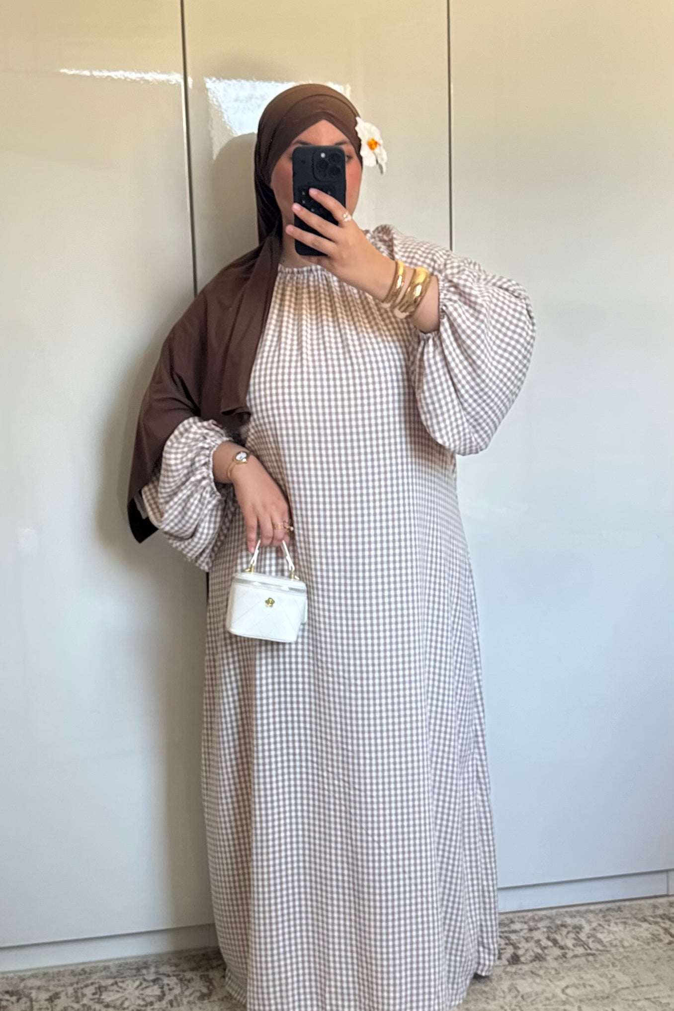 ROBE MANCHES BOUFFANTES VICHY [TAUPE]